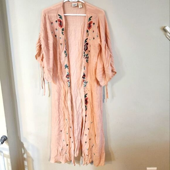 Daytrip medium kimono cardigan duster top embroidered floral gathered tie should - Picture 4 of 8